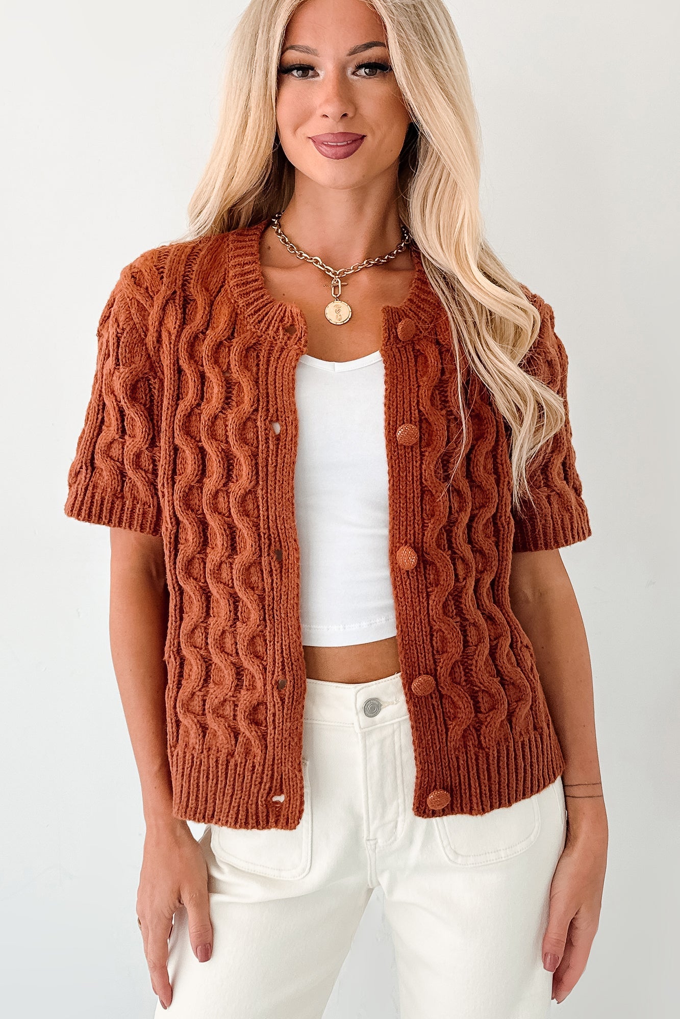 Just Being Modest Short Sleeve Button-Up Sweater (Brick)