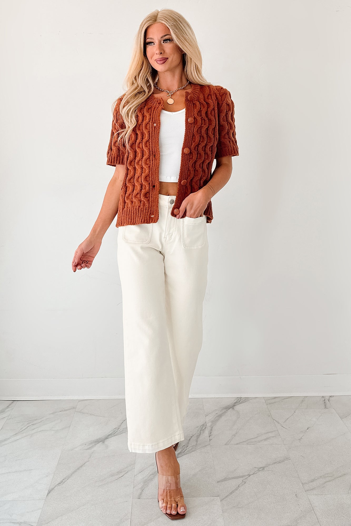 Just Being Modest Short Sleeve Button-Up Sweater (Brick)