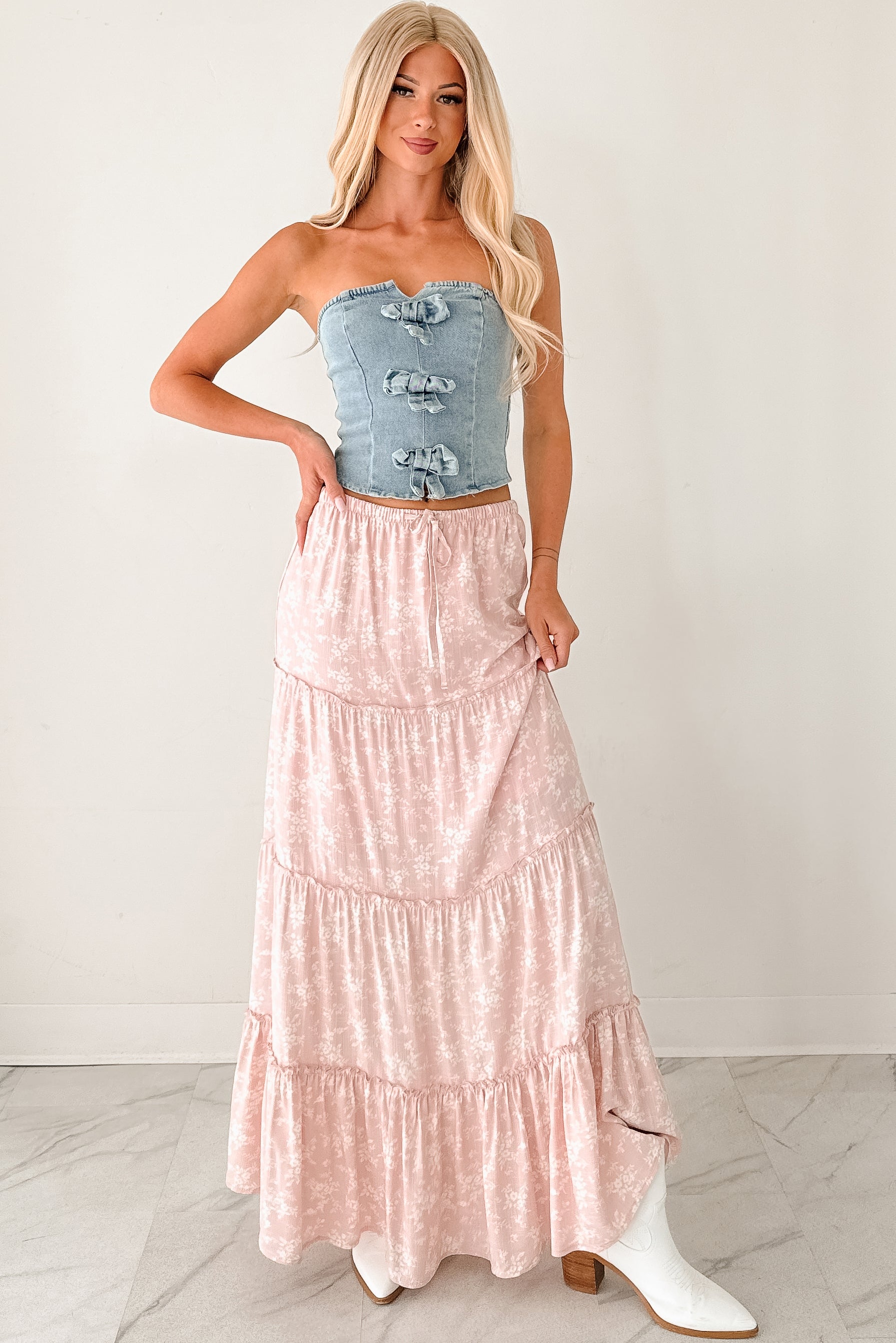 Back To Strangers Denim Bow Front Corset Top (Light Wash)