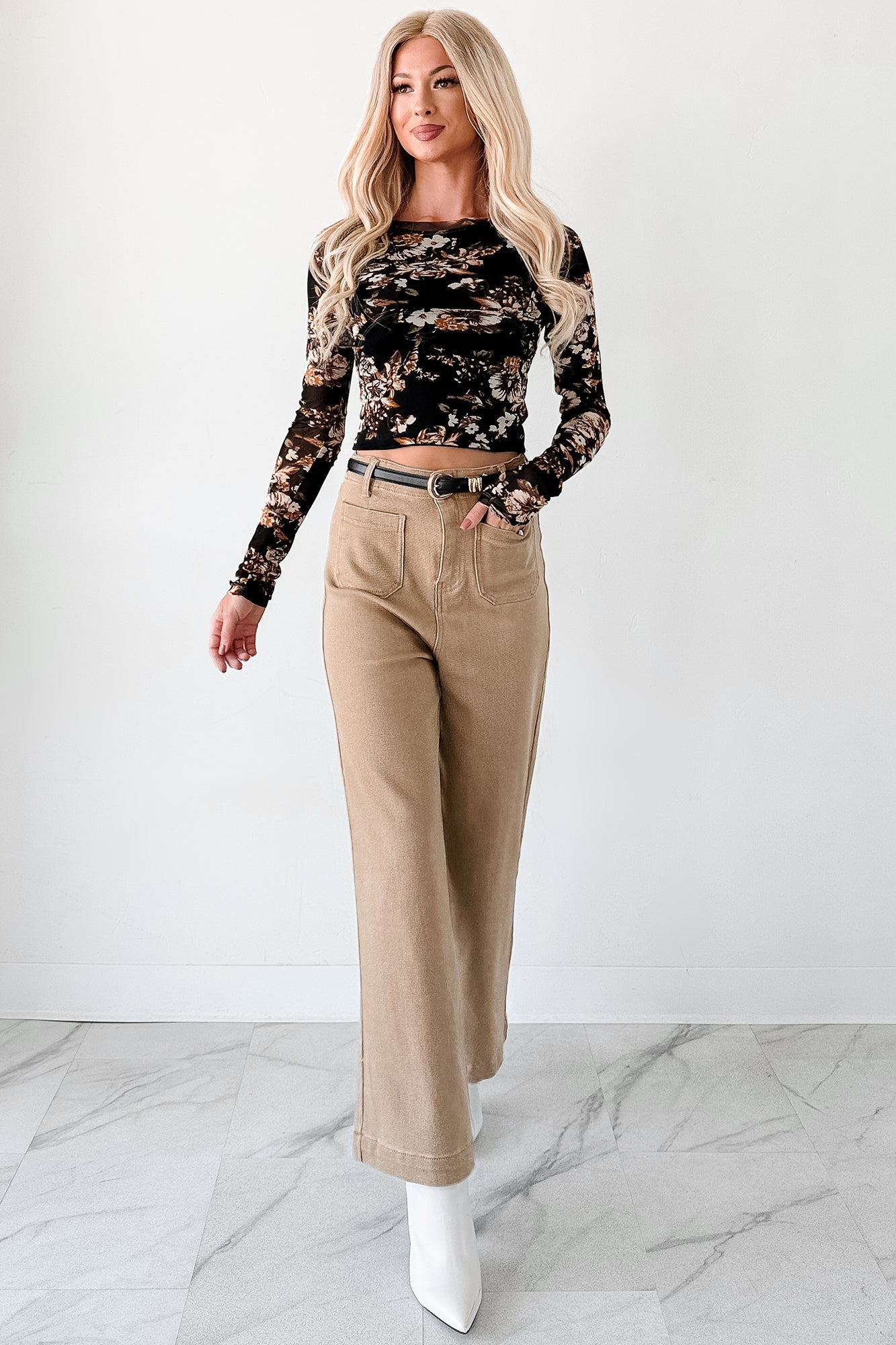 Script Flipped Long Sleeve Floral Mesh Top (Black)
