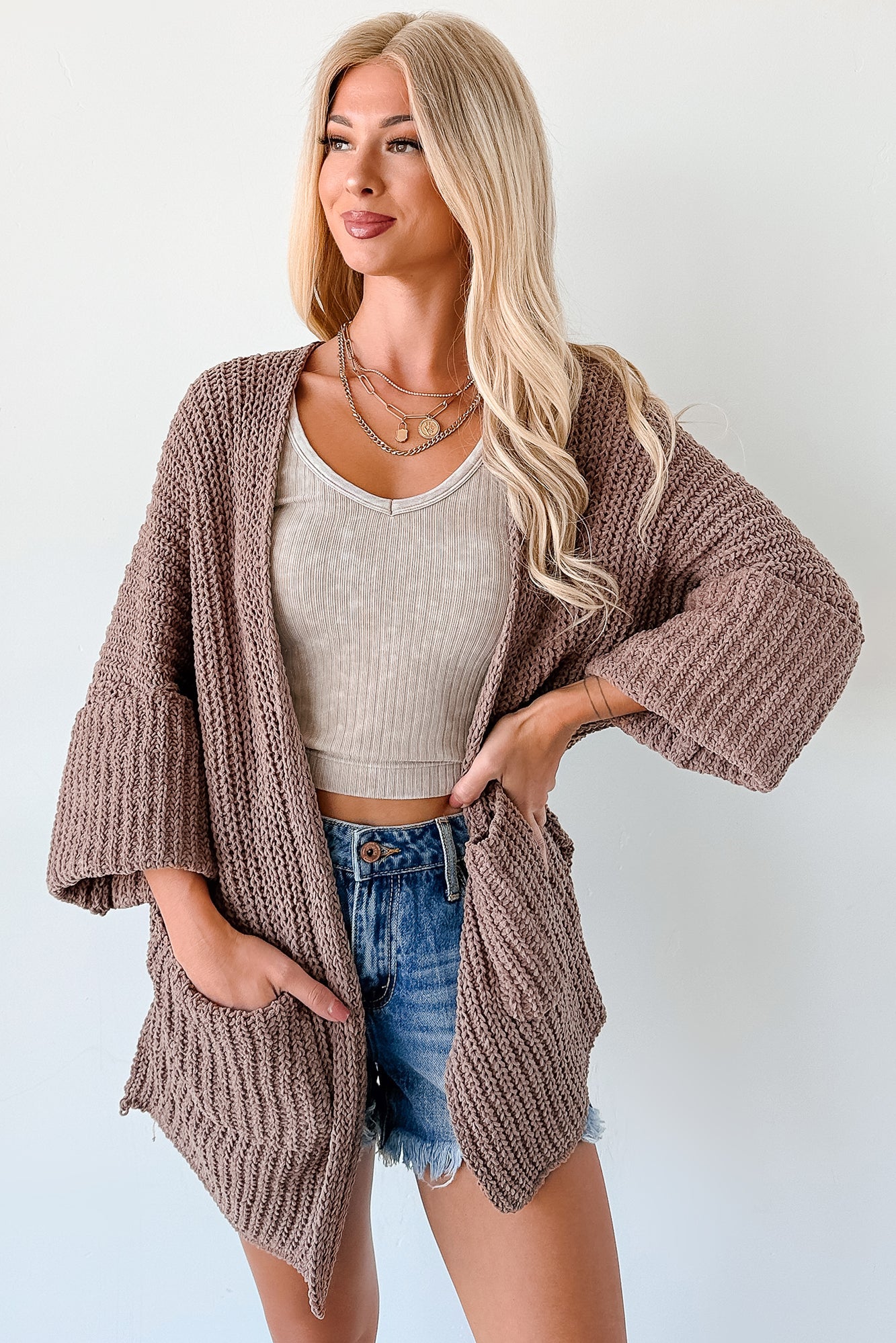 Quiet Times Cuffed Sleeve POL Cardigan (Chocolate)