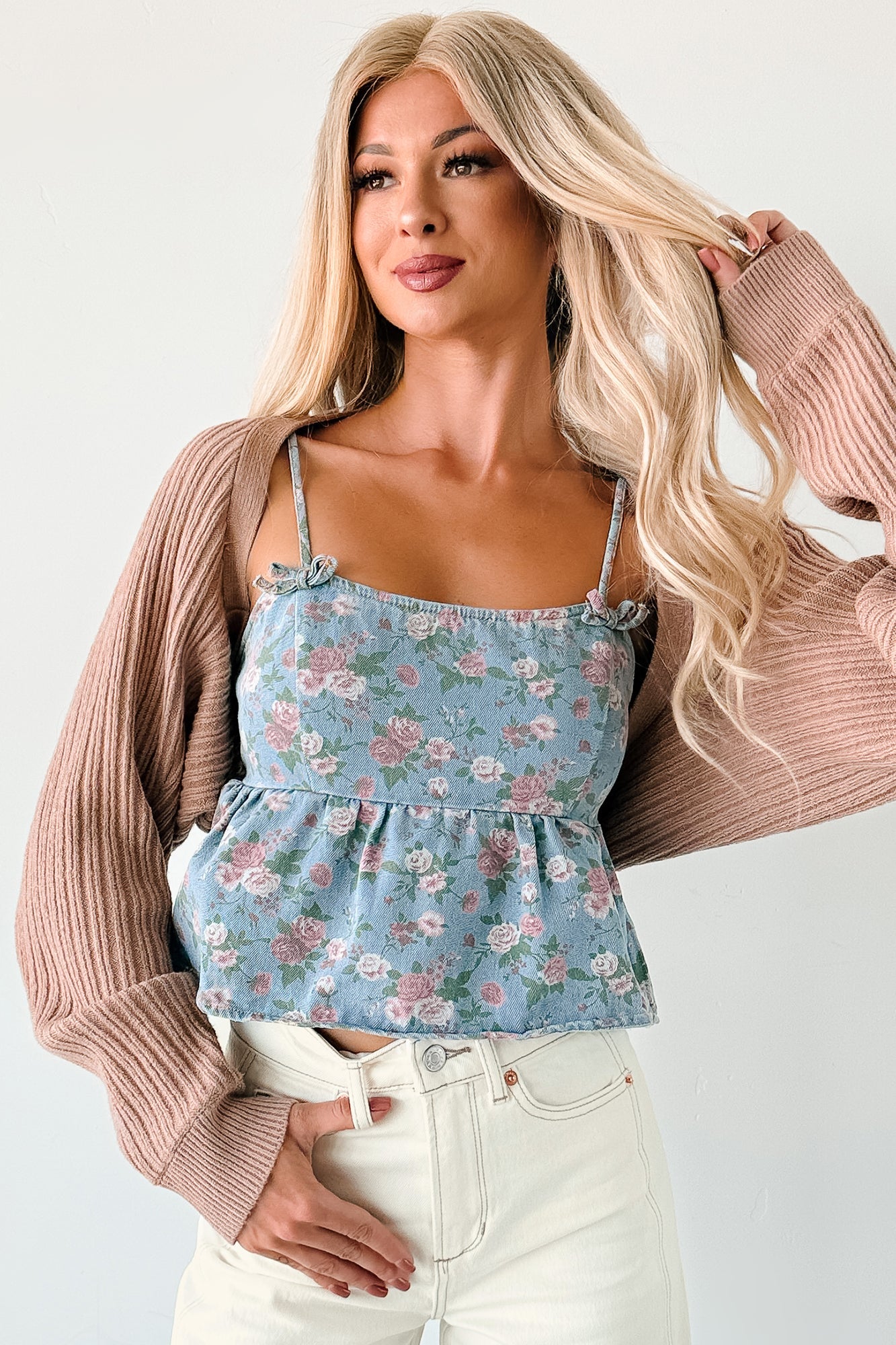 Bows Before Bros Sleeveless Floral Top (Denim/Pink)