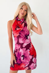 Wish I Knew Floral Halter Neck Mini Dress (Pink Multi)
