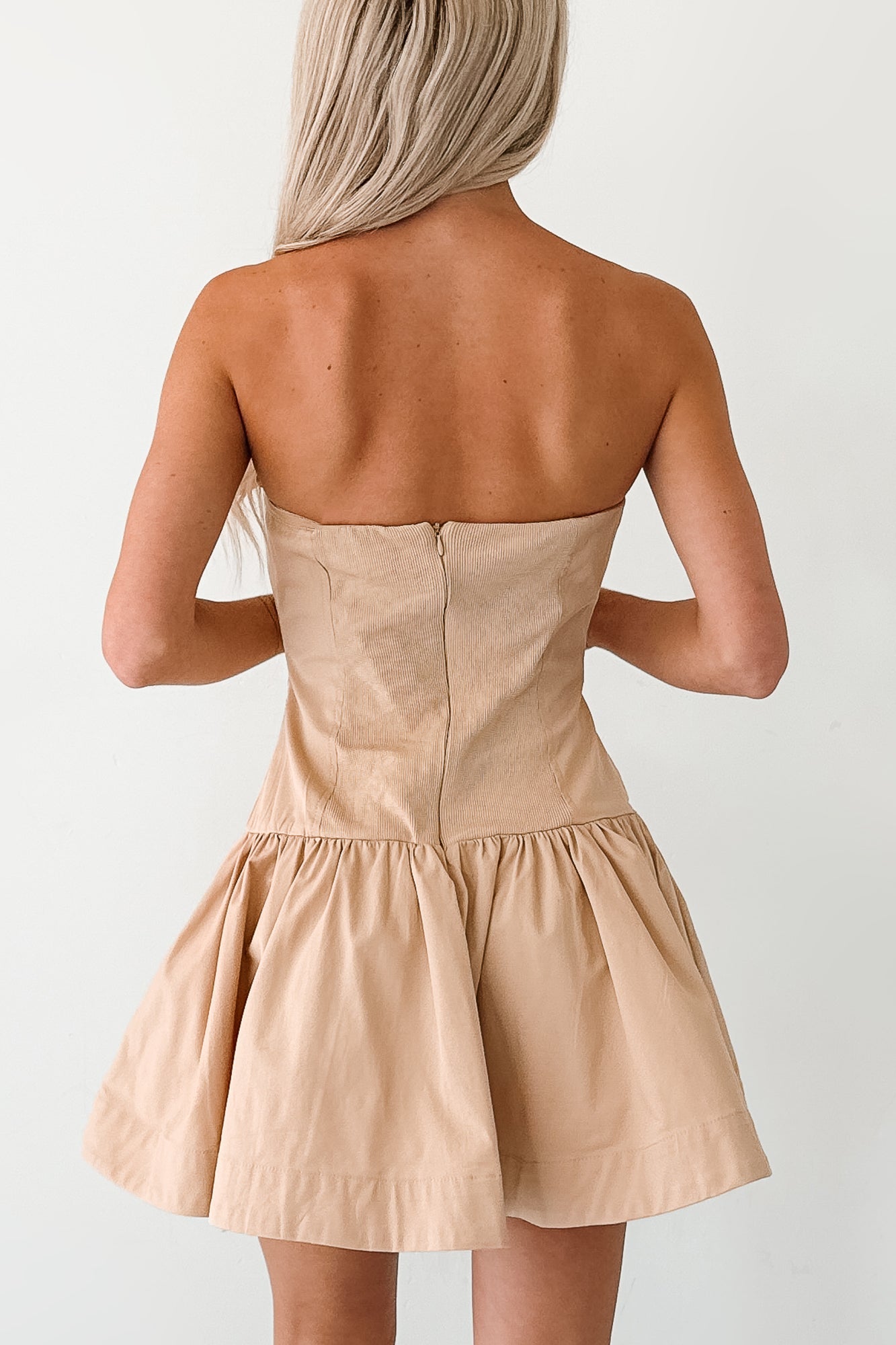 Strutting In Style Strapless Mini Dress (Taupe)
