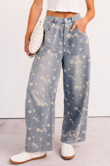 Rae Floral Stripe Wide Leg Barrel Jeans (Denim)
