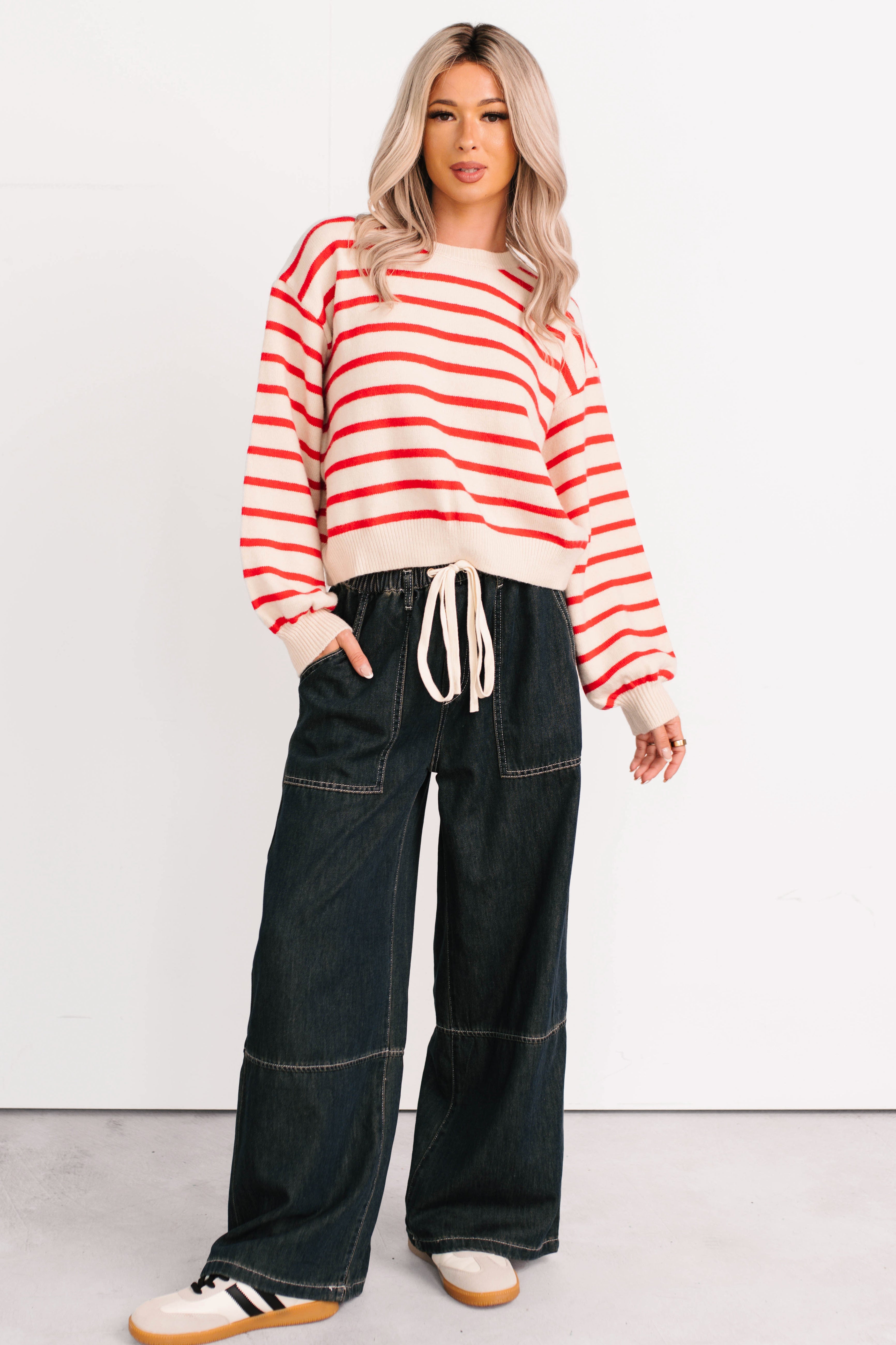 Morning Rituals Striped Button Detail Sweater (Red)