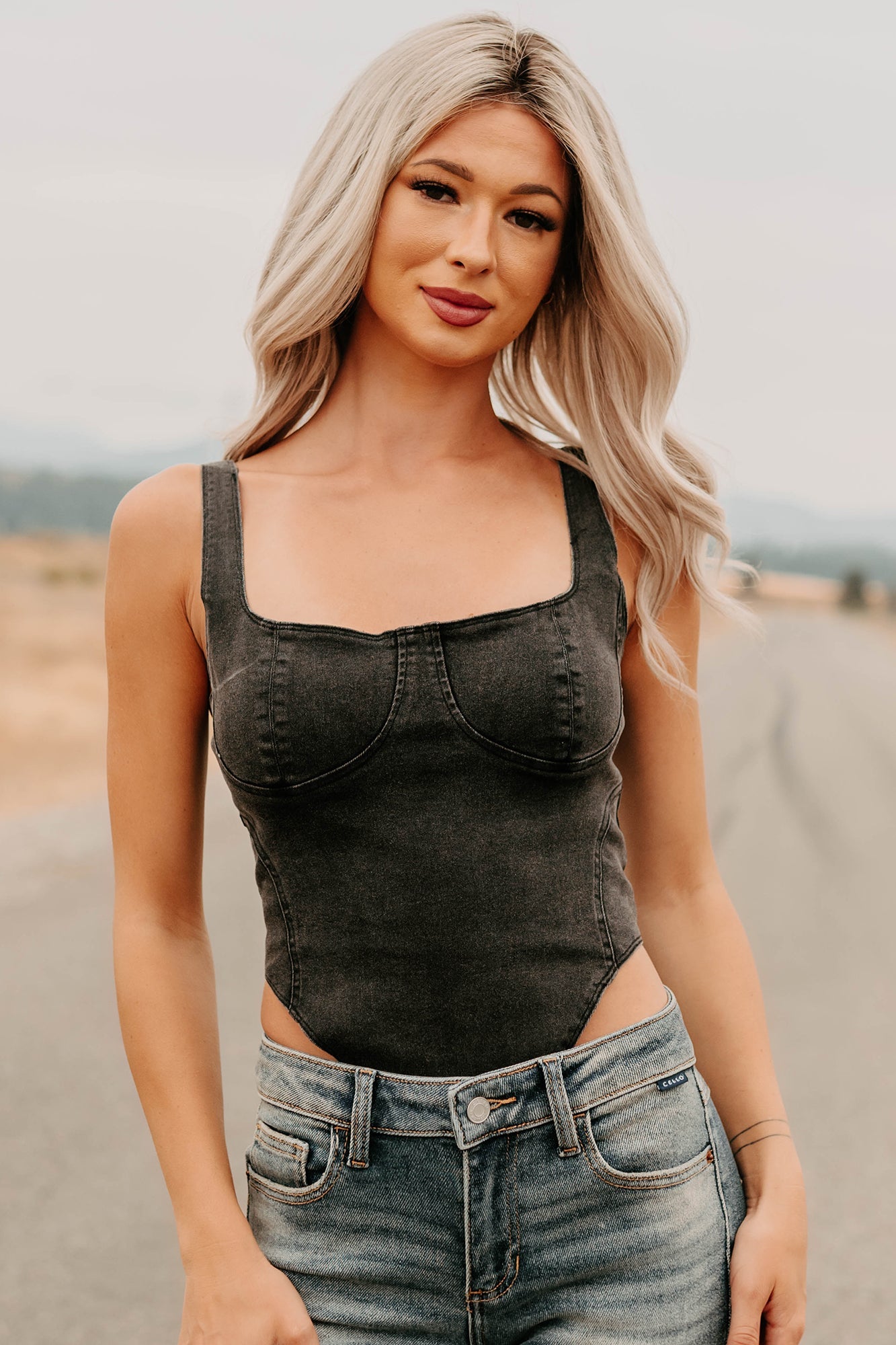 Fueled By Confidence Signature 8 Stretchy Denim Bodysuit (Washed Black)