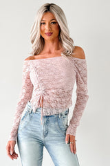 Up To Standard Ruched Lace Asymmetric Top (Blush)