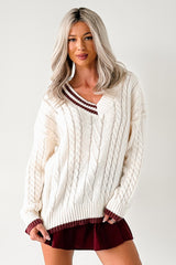 Woven Stories Cable Knit V Neck Sweater (Cream)