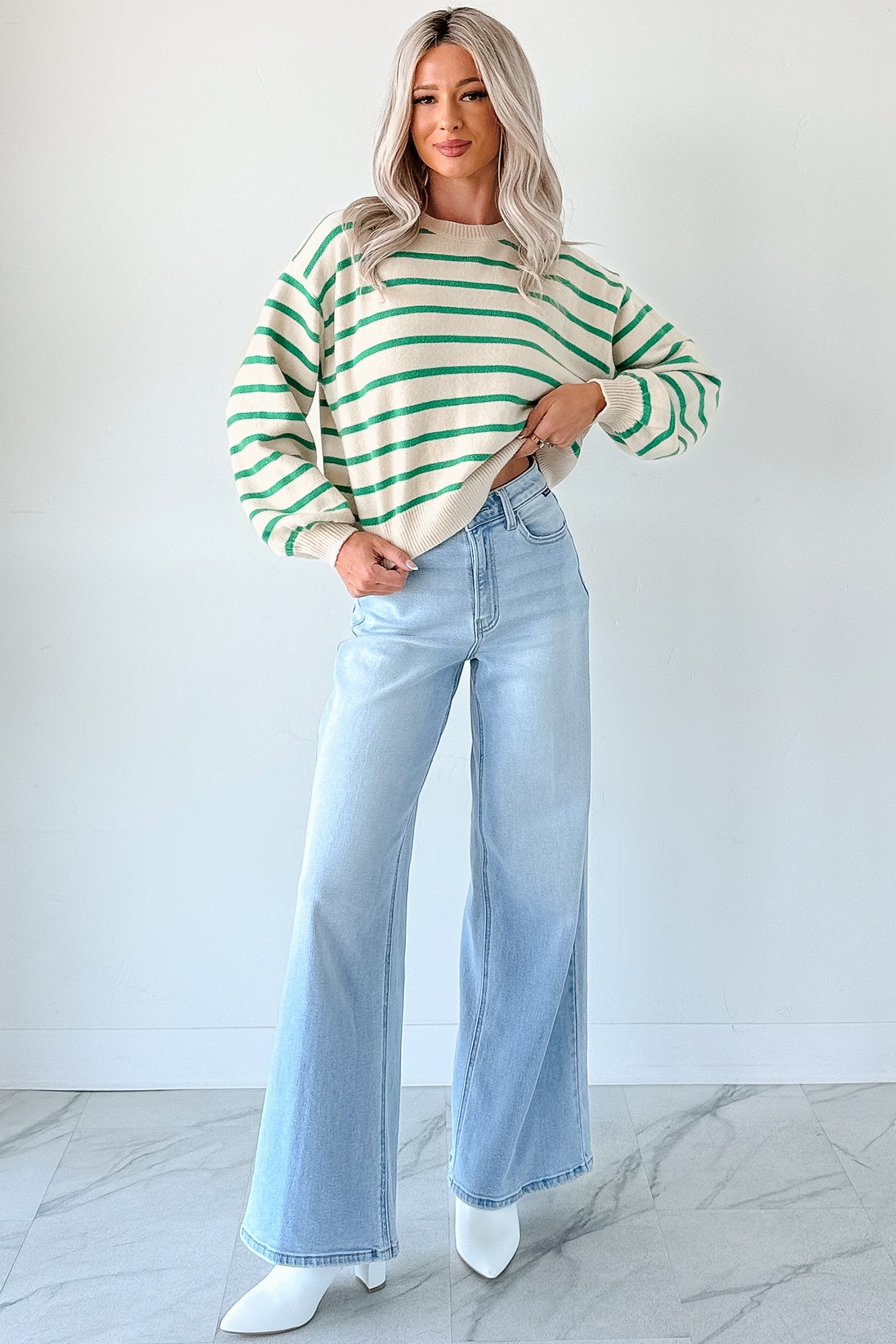 Morning Rituals Striped Button Detail Sweater (Green)