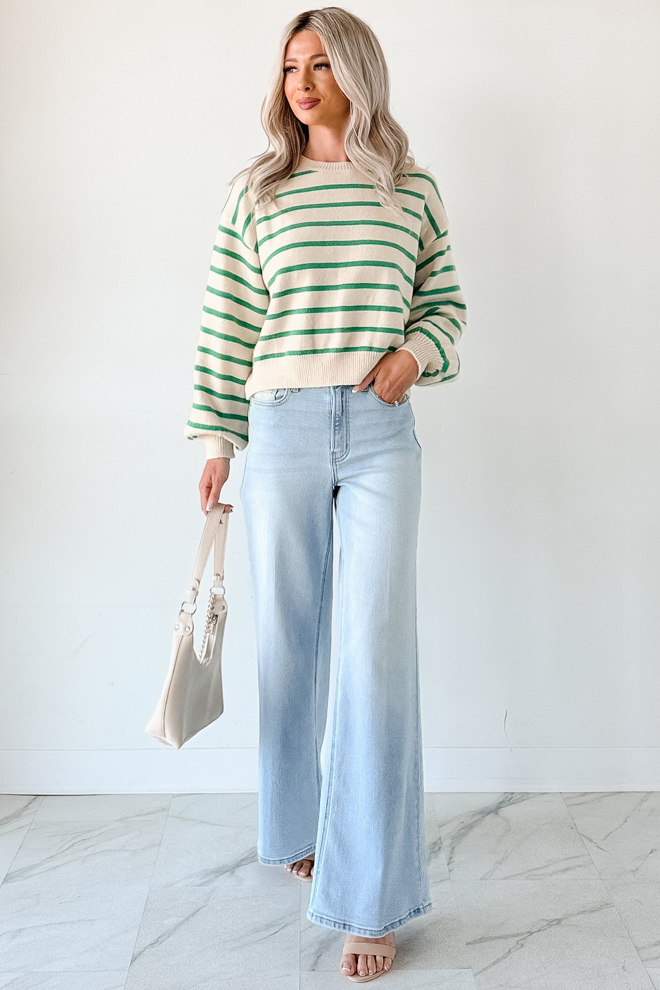 Morning Rituals Striped Button Detail Sweater (Green)