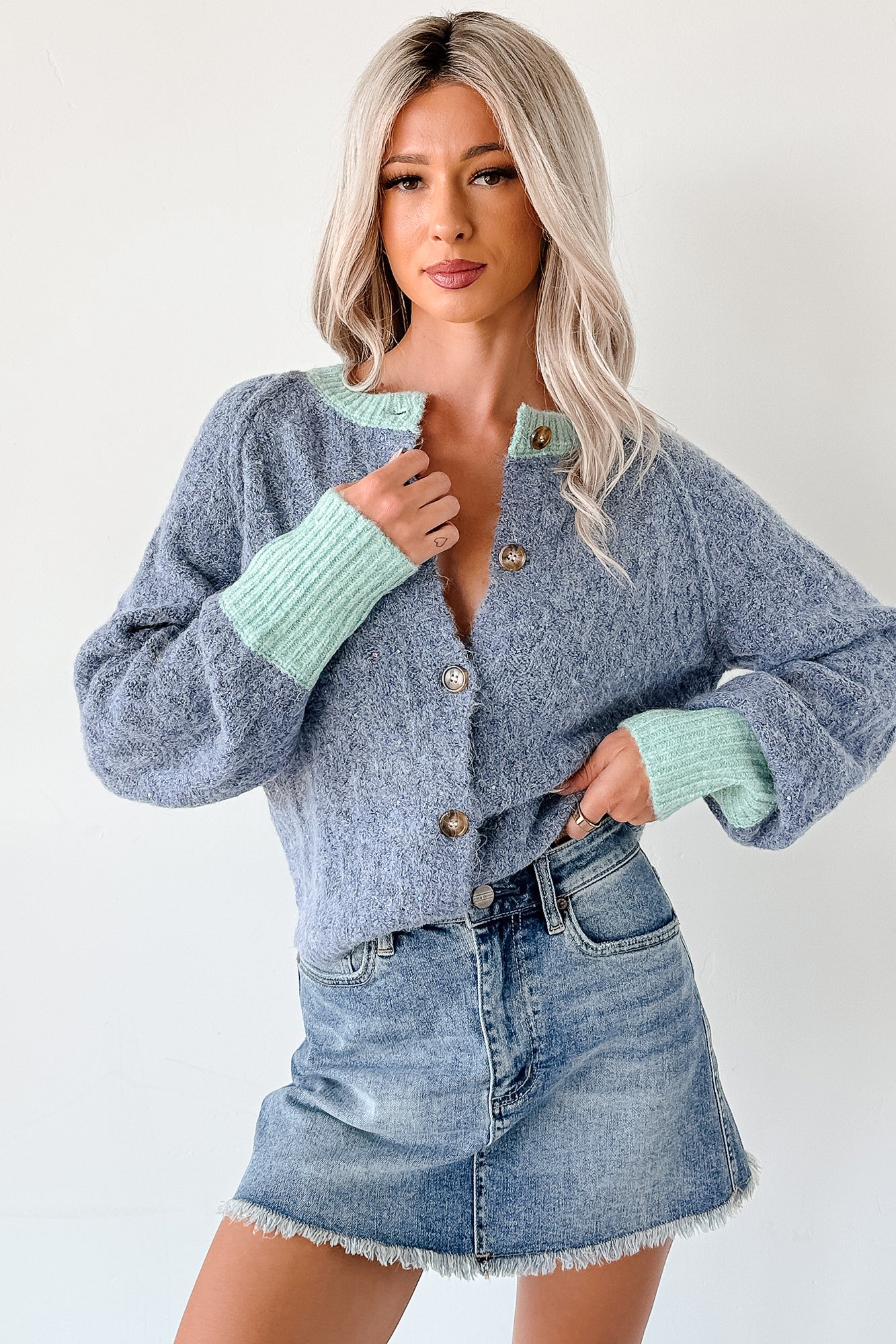 Daydream Zen Knit Contrast Glittery Cardigan (Blue)