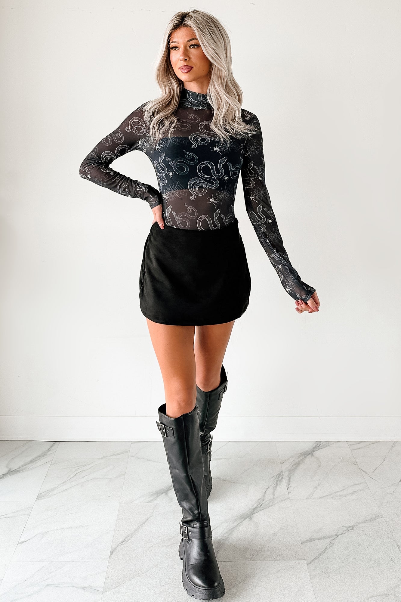 Felt Spooky NM Original Mesh Mock Neck Bodysuit (Black Snake)