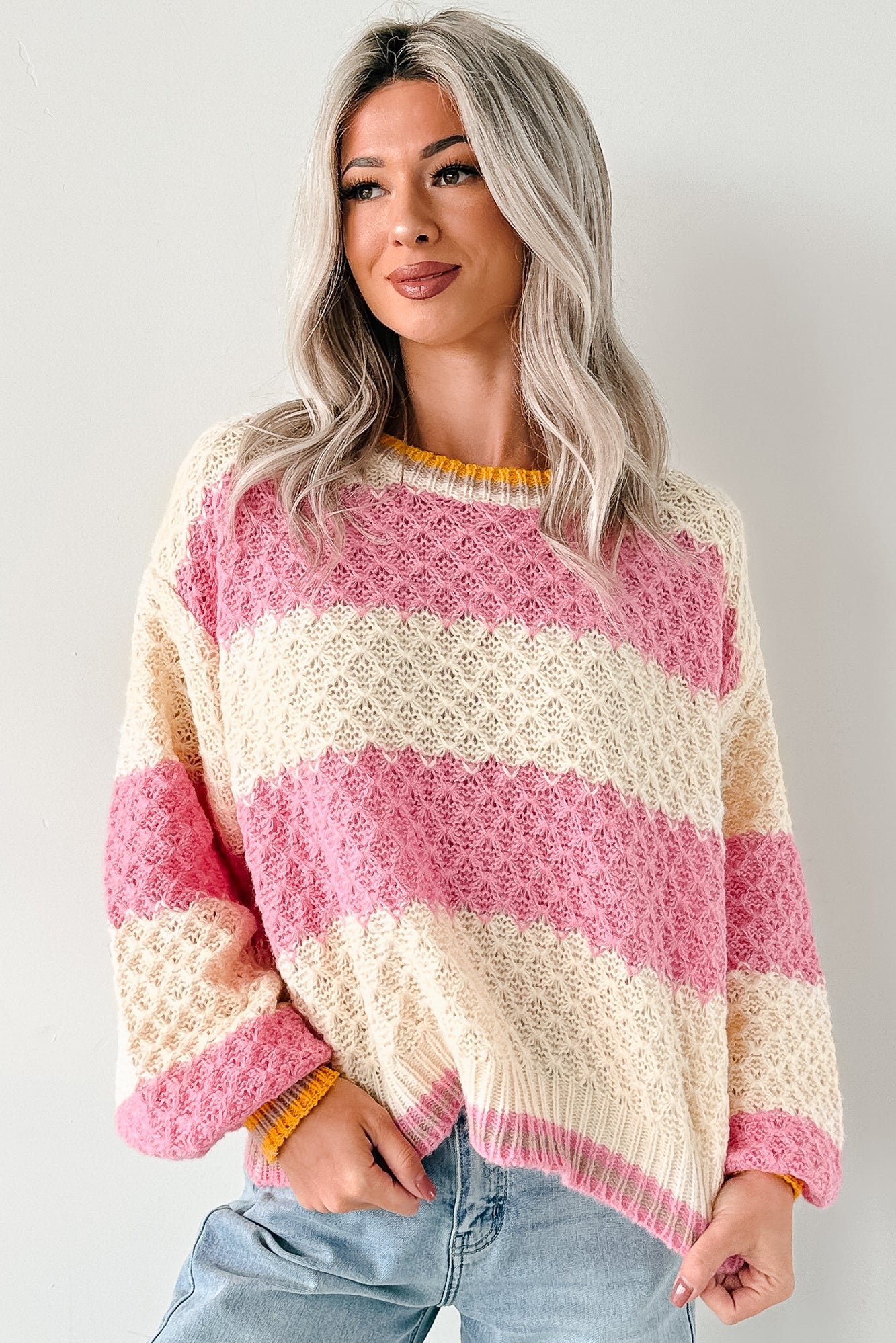 Warm Whispers Striped Crochet Knit POL Sweater (Pink)