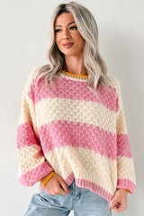 Warm Whispers Striped Crochet Knit POL Sweater (Pink)