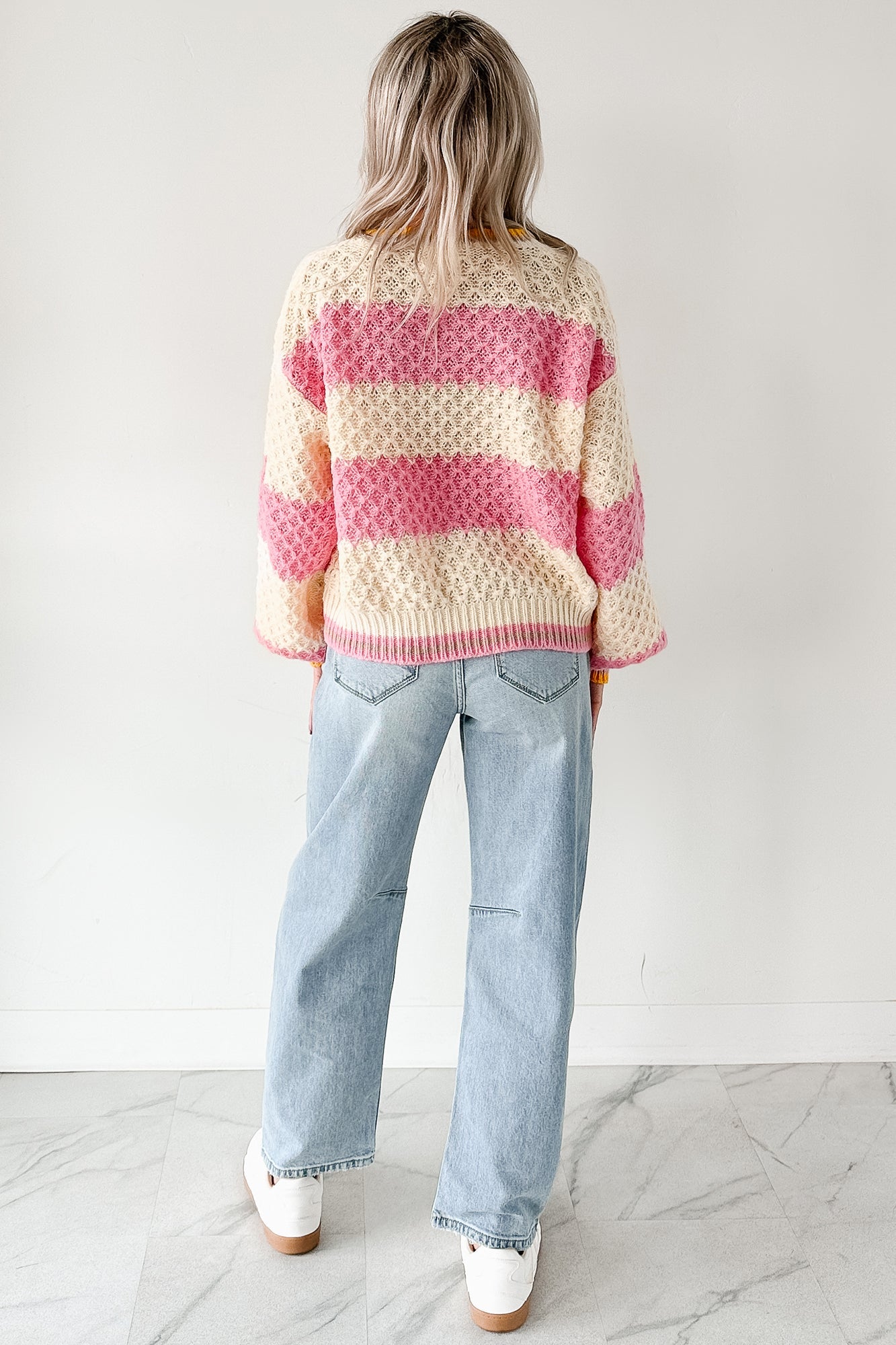 Warm Whispers Striped Crochet Knit POL Sweater (Pink)