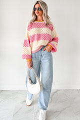 Warm Whispers Striped Crochet Knit POL Sweater (Pink)