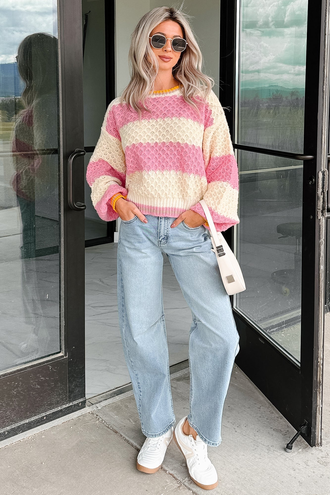 Warm Whispers Striped Crochet Knit POL Sweater (Pink)