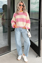 Warm Whispers Striped Crochet Knit POL Sweater (Pink)