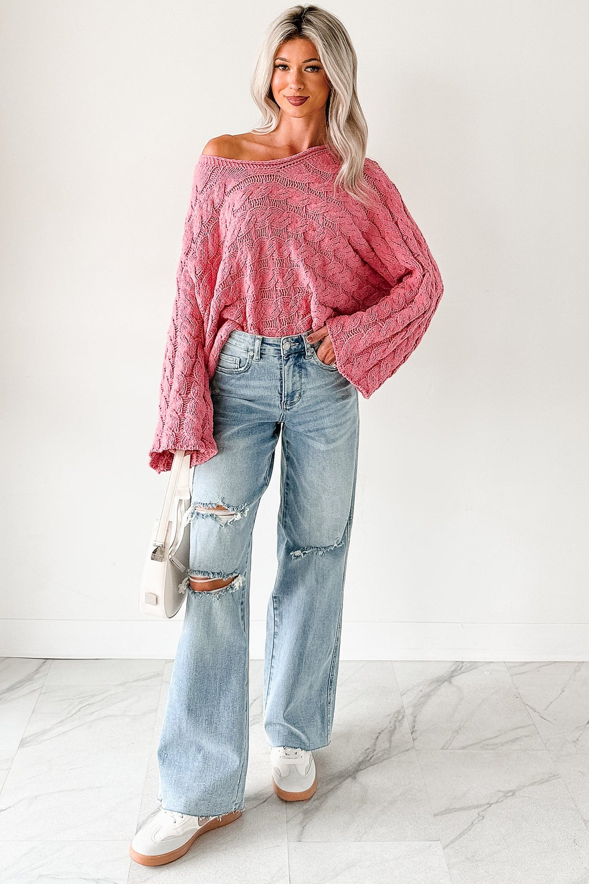 Making My Way Cable Knit POL Sweater (Pink)