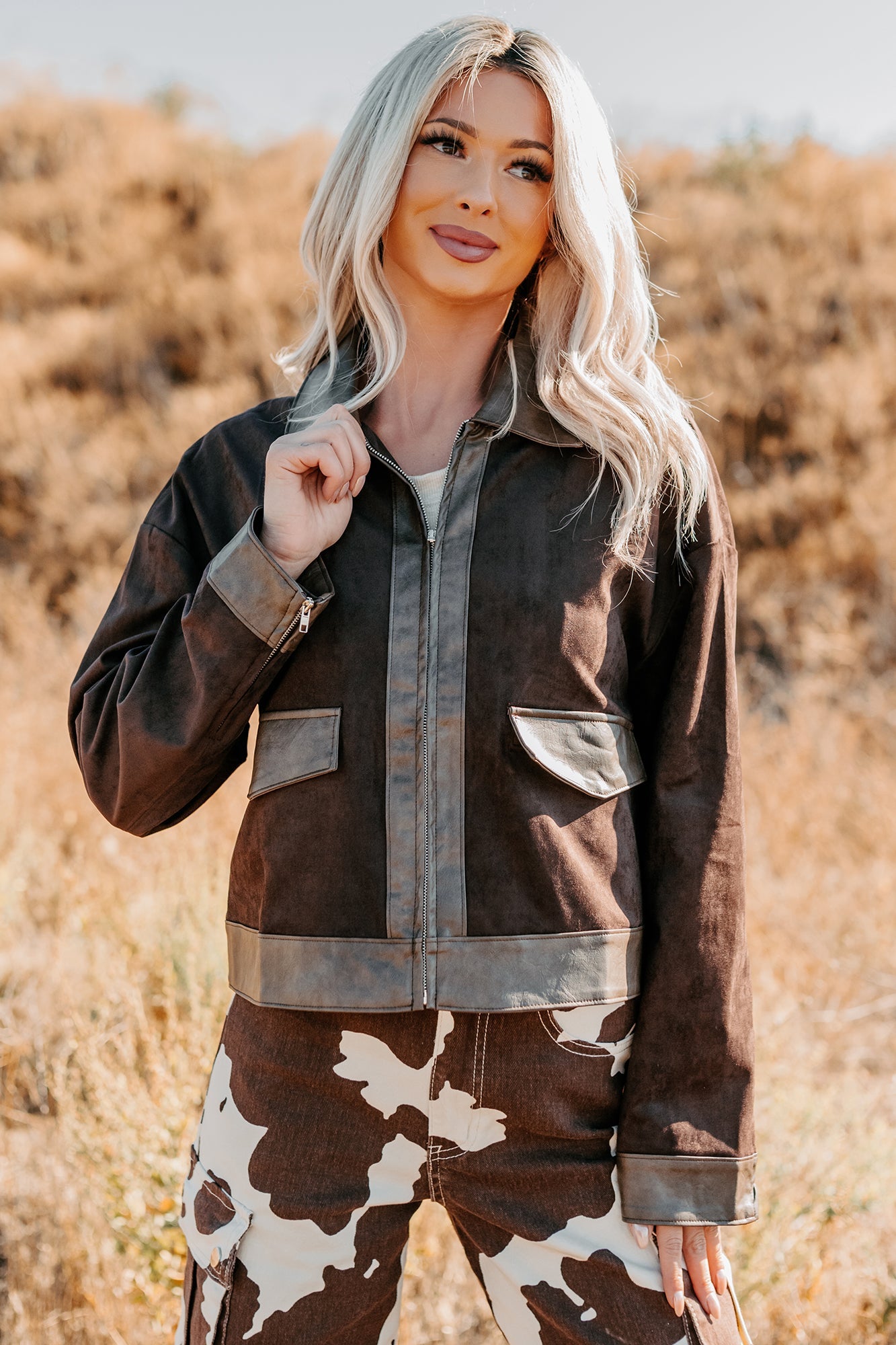 The Takeover Suede Faux Leather Jacket (Dark Brown)