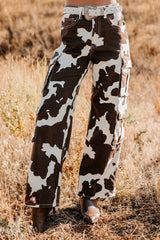 Mirabel Wide Leg Cow Print Balboa Jeans (Brown)