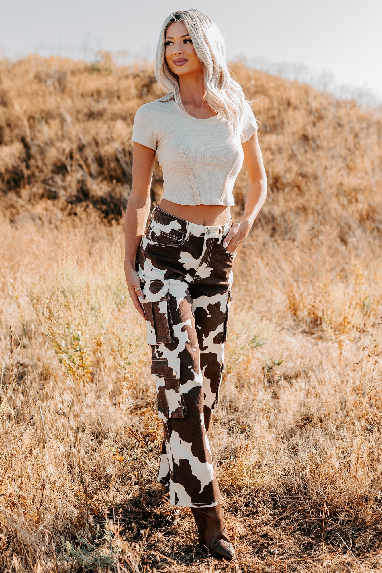 Mirabel Wide Leg Cow Print Balboa Jeans (Brown)