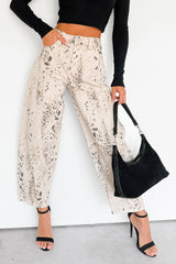 Zane High Rise Printed Barrel Kancan Jeans (Beige/Black)