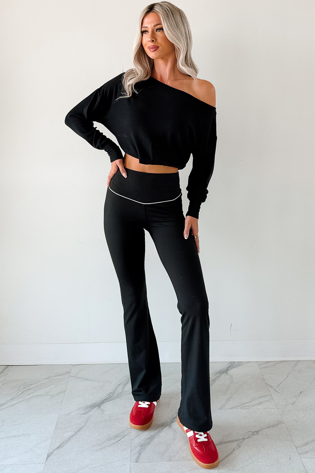 Glow Up Goals Ribbed Off The Shoulder Crop Top (Black)