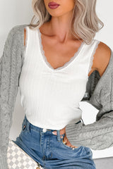 Bed Of Roses Ribbed Lace Trim Tank Top (White)
