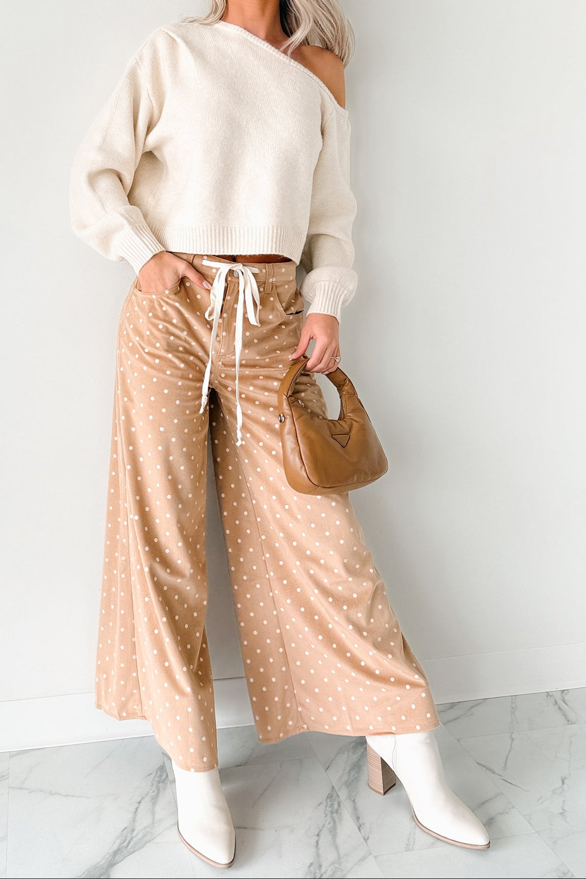 Virgina Drawstring Polka-Dot NoaBoa Pants (Mocha)