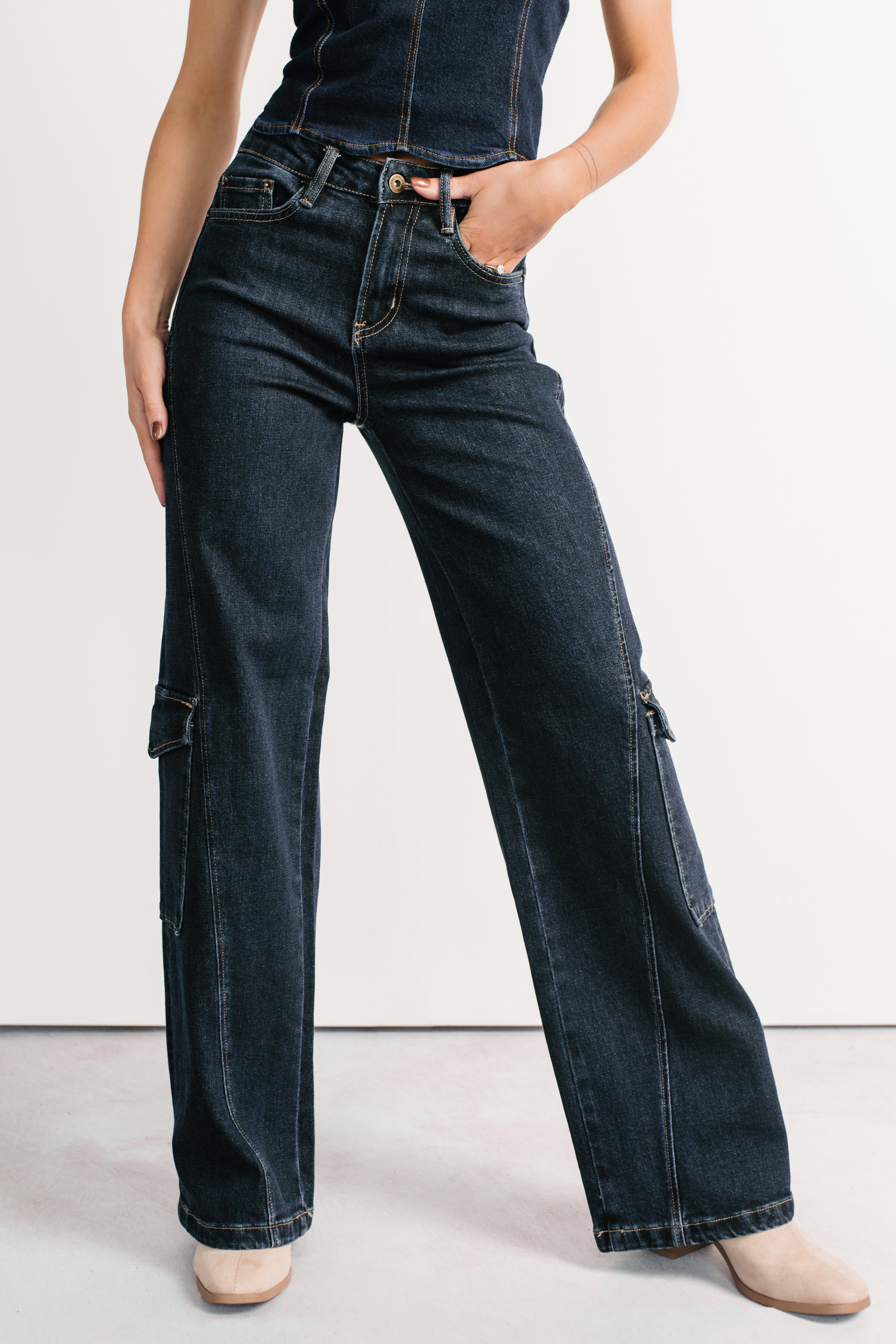 Crosby Wide Leg Mica Denim Cargo Jeans (Dark Wash)