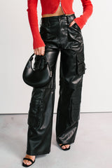 Burke Faux Leather Wide Leg Cargo Pants (Black)