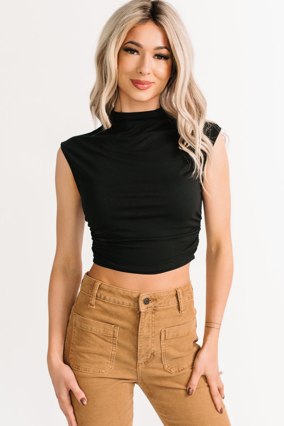 One More Kiss Cap Sleeve Mock Neck Crop Top (Black)