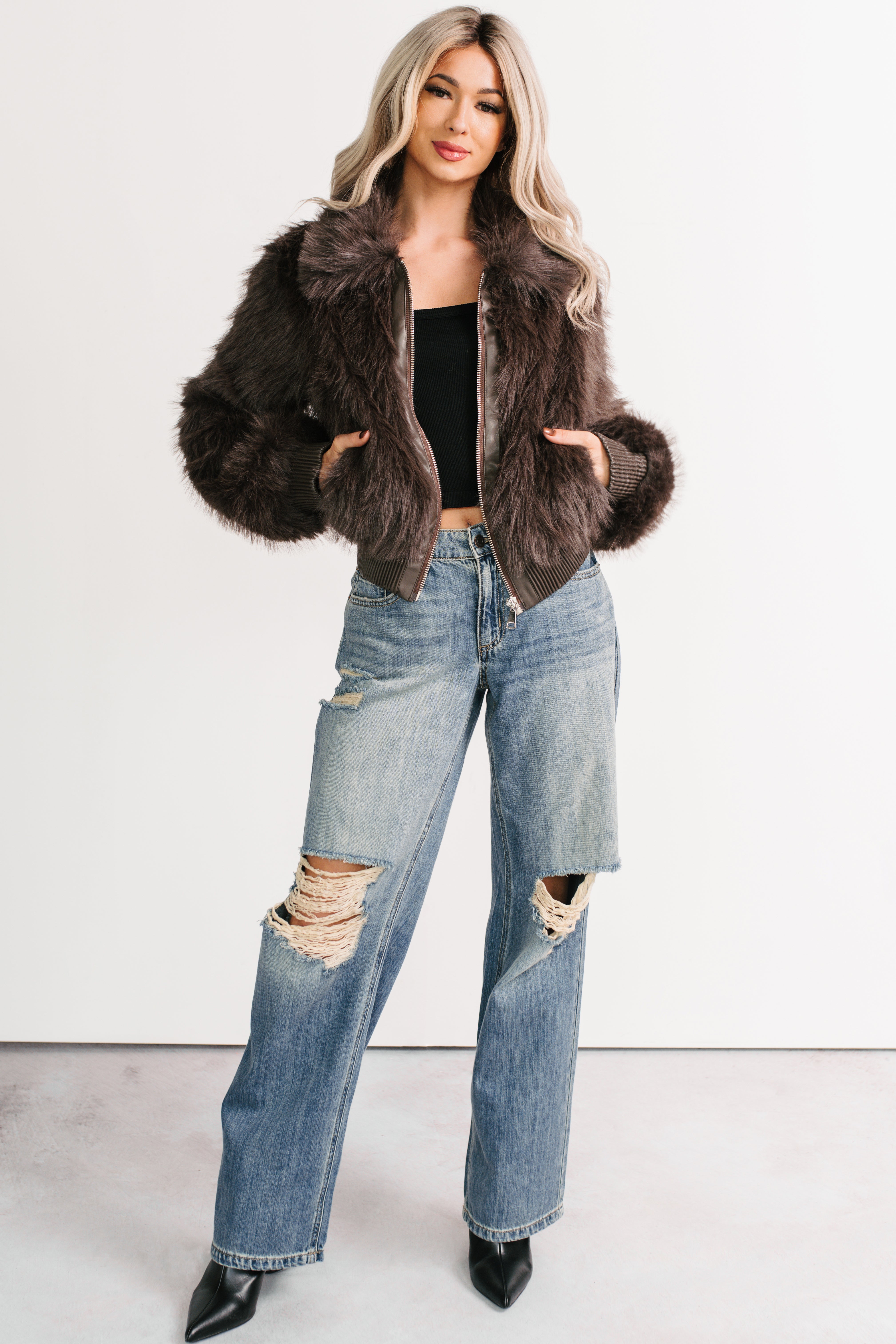 No Comparisons Faux Fur Plush Zip-Up Jacket (Brown)