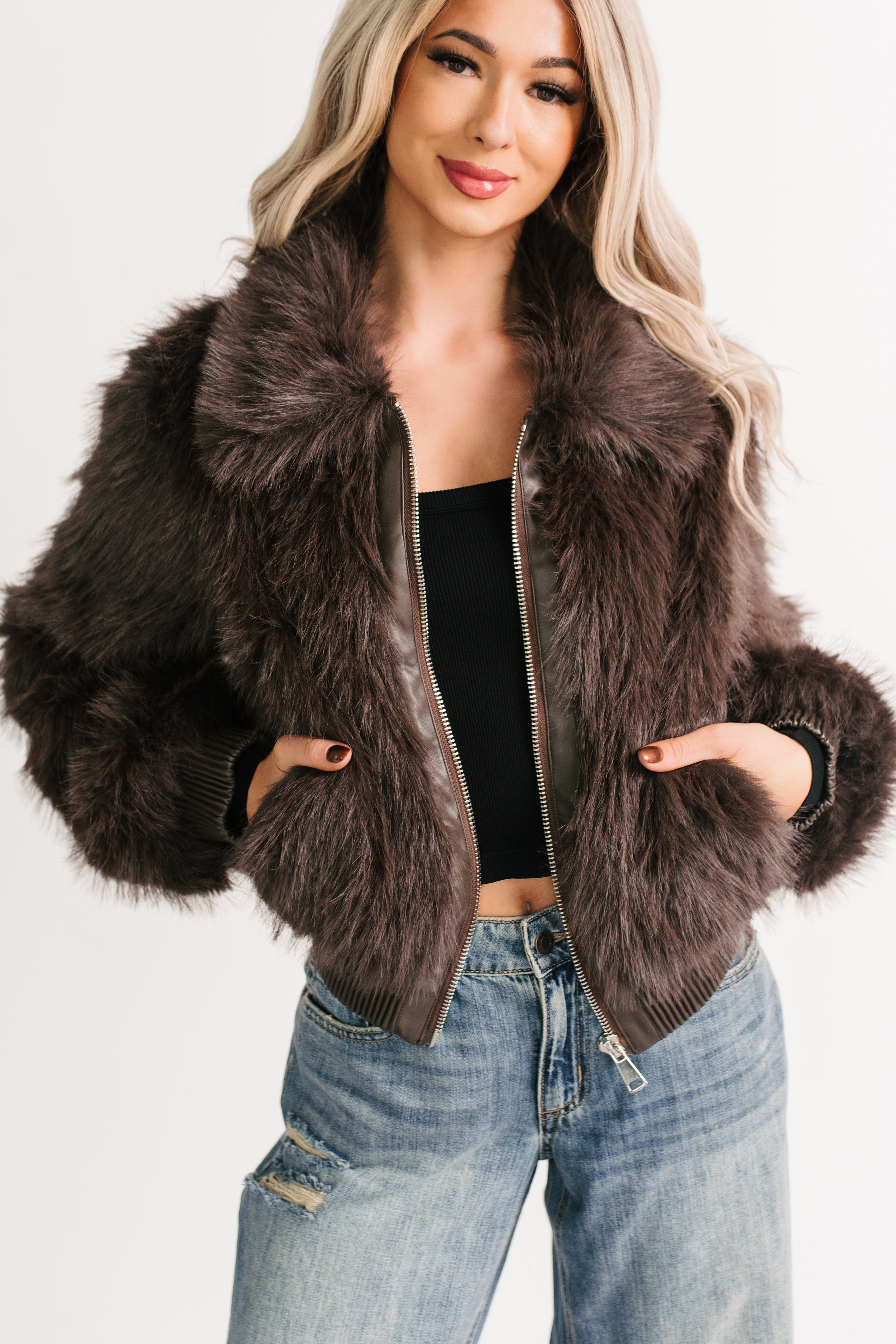 No Comparisons Faux Fur Plush Zip-Up Jacket (Brown)
