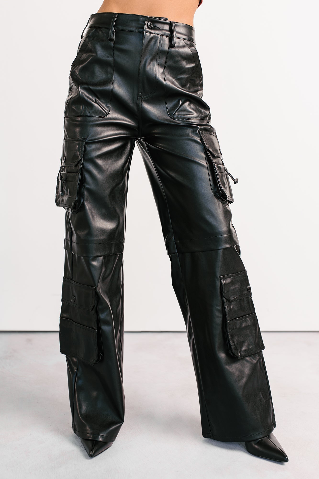 Burke Faux Leather Wide Leg Cargo Pants (Black)