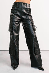 Burke Faux Leather Wide Leg Cargo Pants (Black)