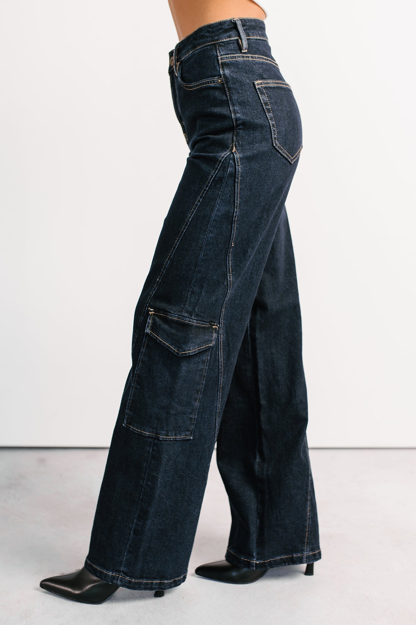 Crosby Wide Leg Mica Denim Cargo Jeans (Dark Wash)