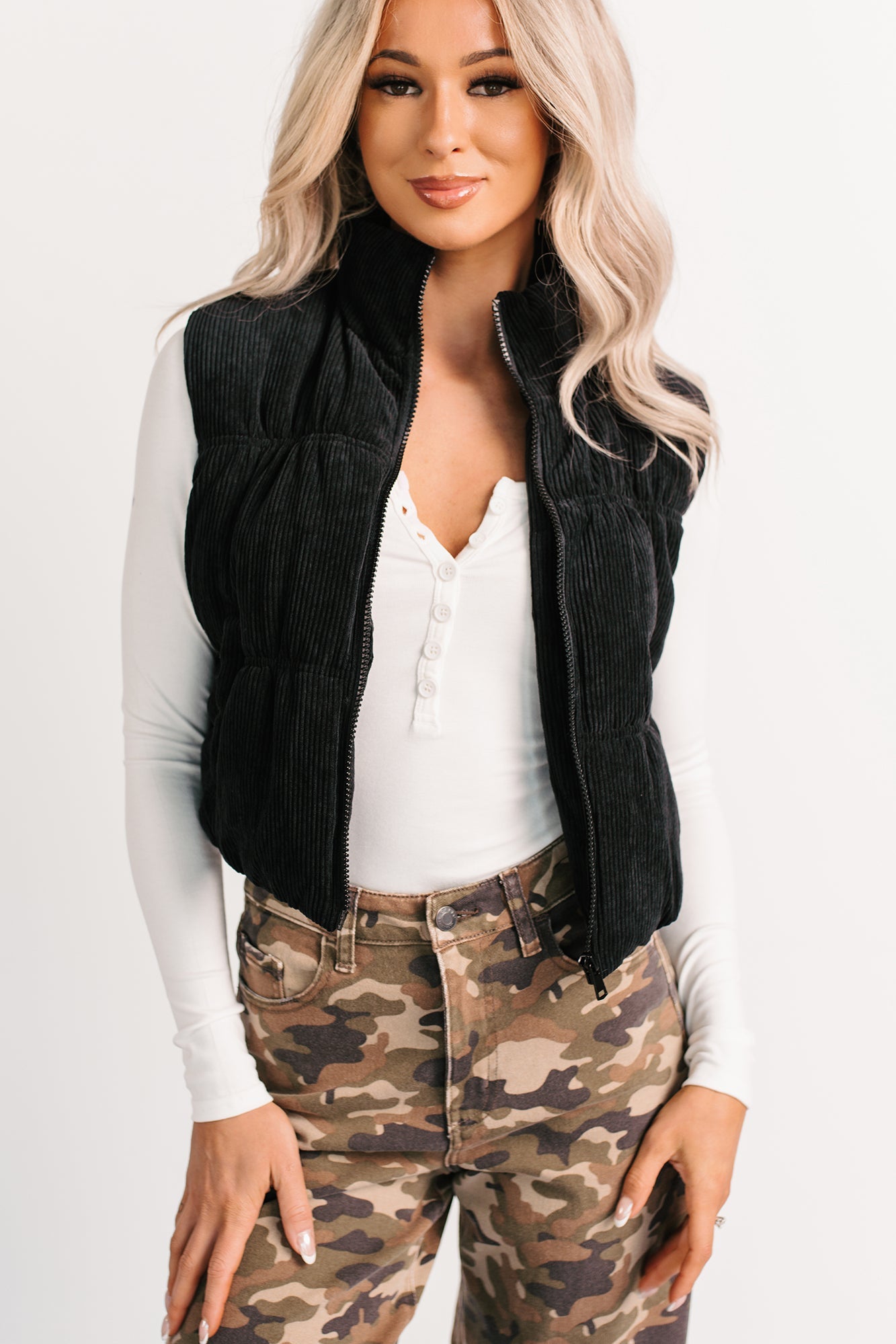 Deep Connections Corduroy Puffer Vest (Black)