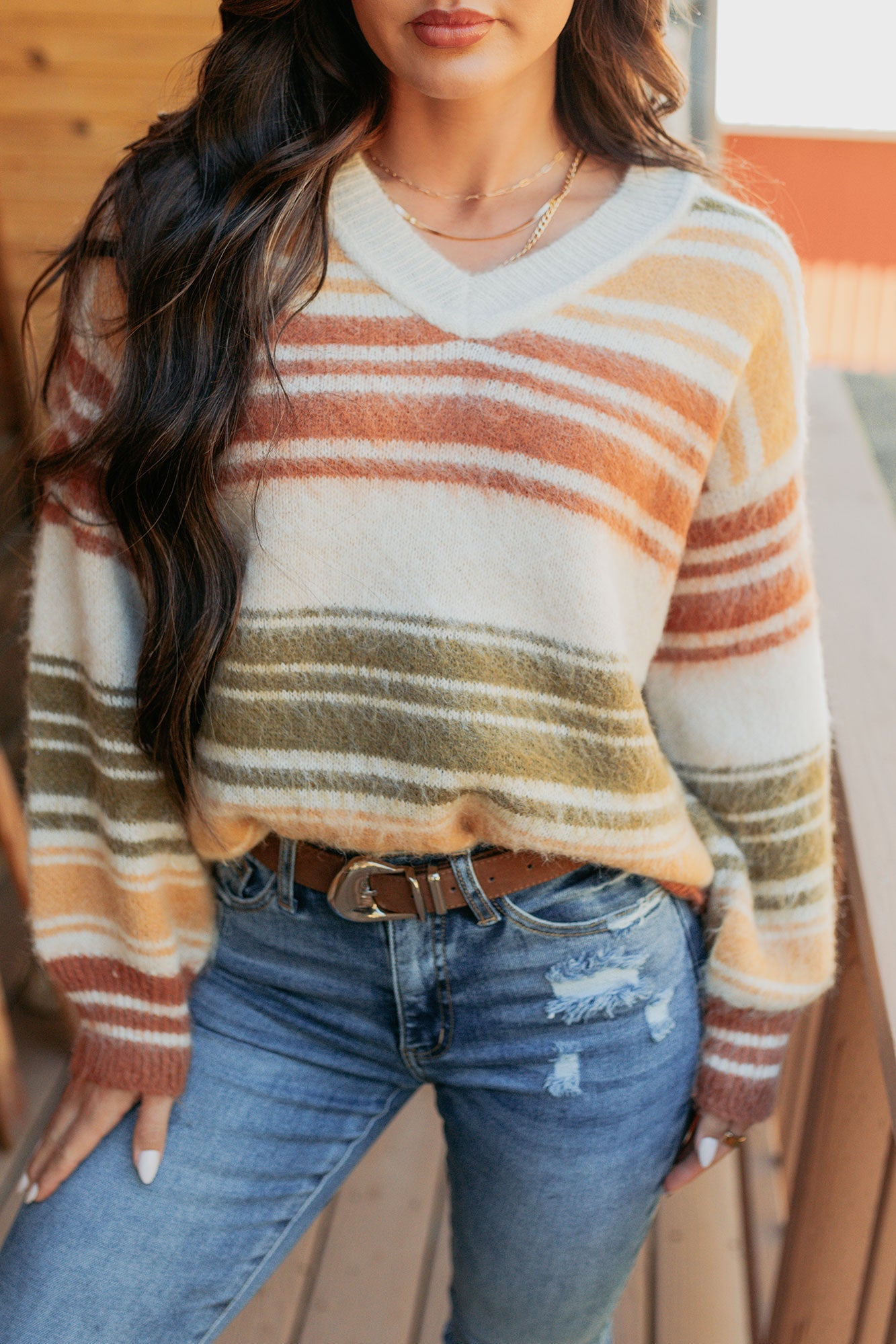 Messy Feelings V Neck Striped Knit Sweater (Multi)