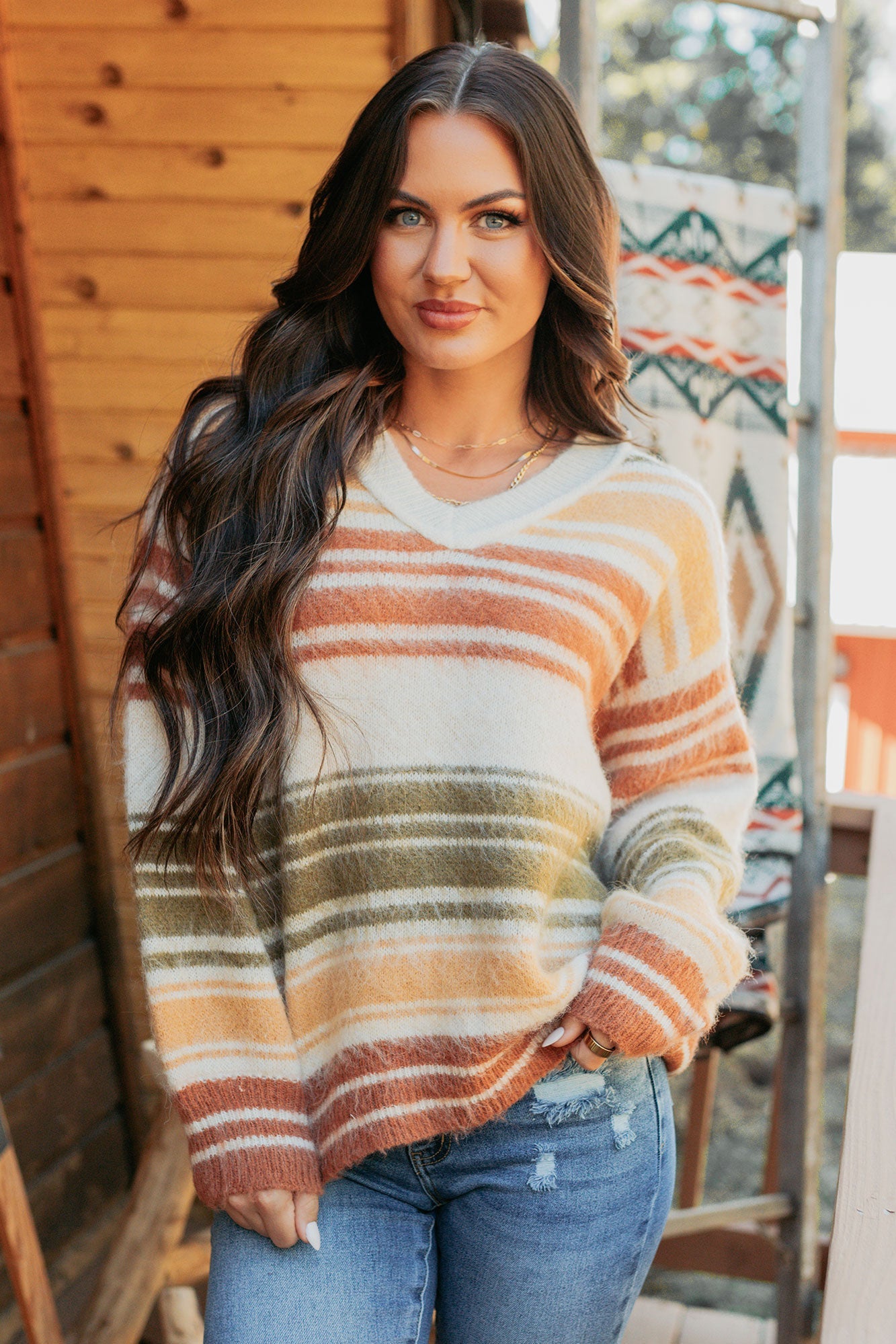 Messy Feelings V Neck Striped Knit Sweater (Multi)