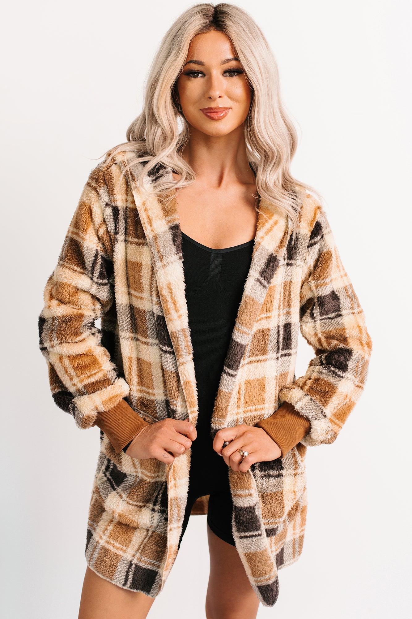 No Off Days Plaid Print Fur Hoodie Cardigan (Camel Mix)