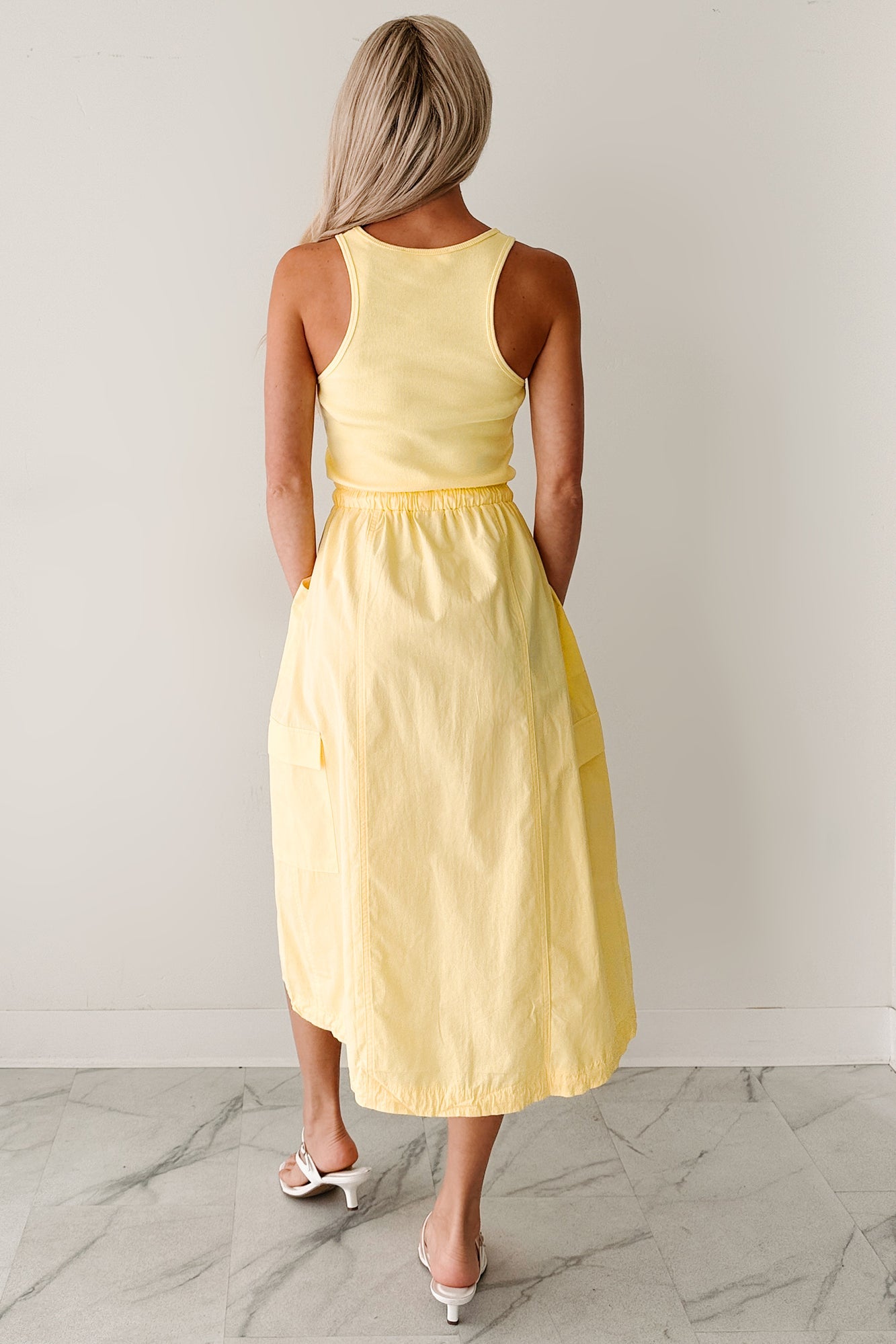 Quietly Extra Sleeveless Cargo Midi Dress (Yellow)