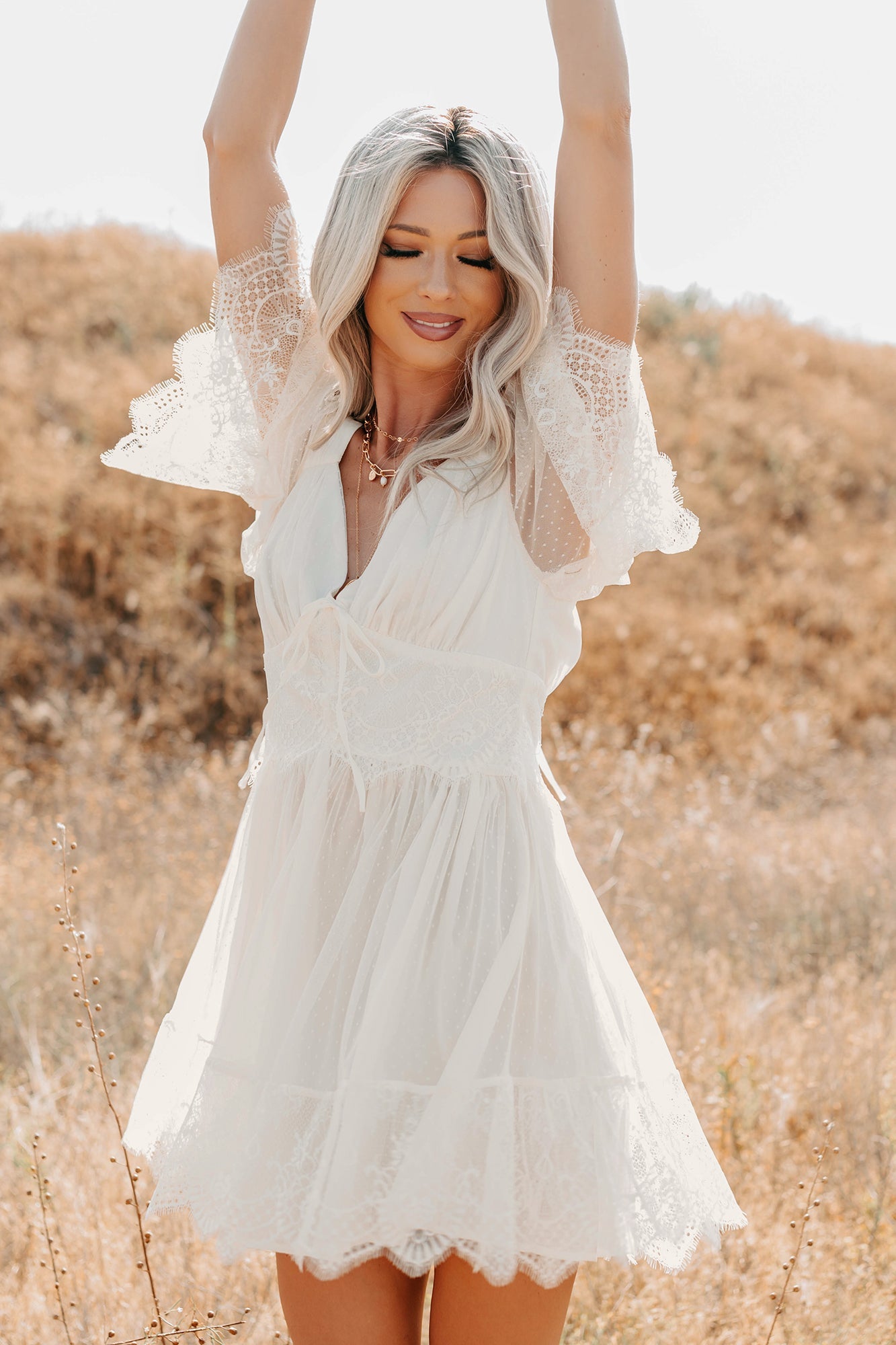 Ethereal Aura Dotted Mesh Mini Dress (Cream)