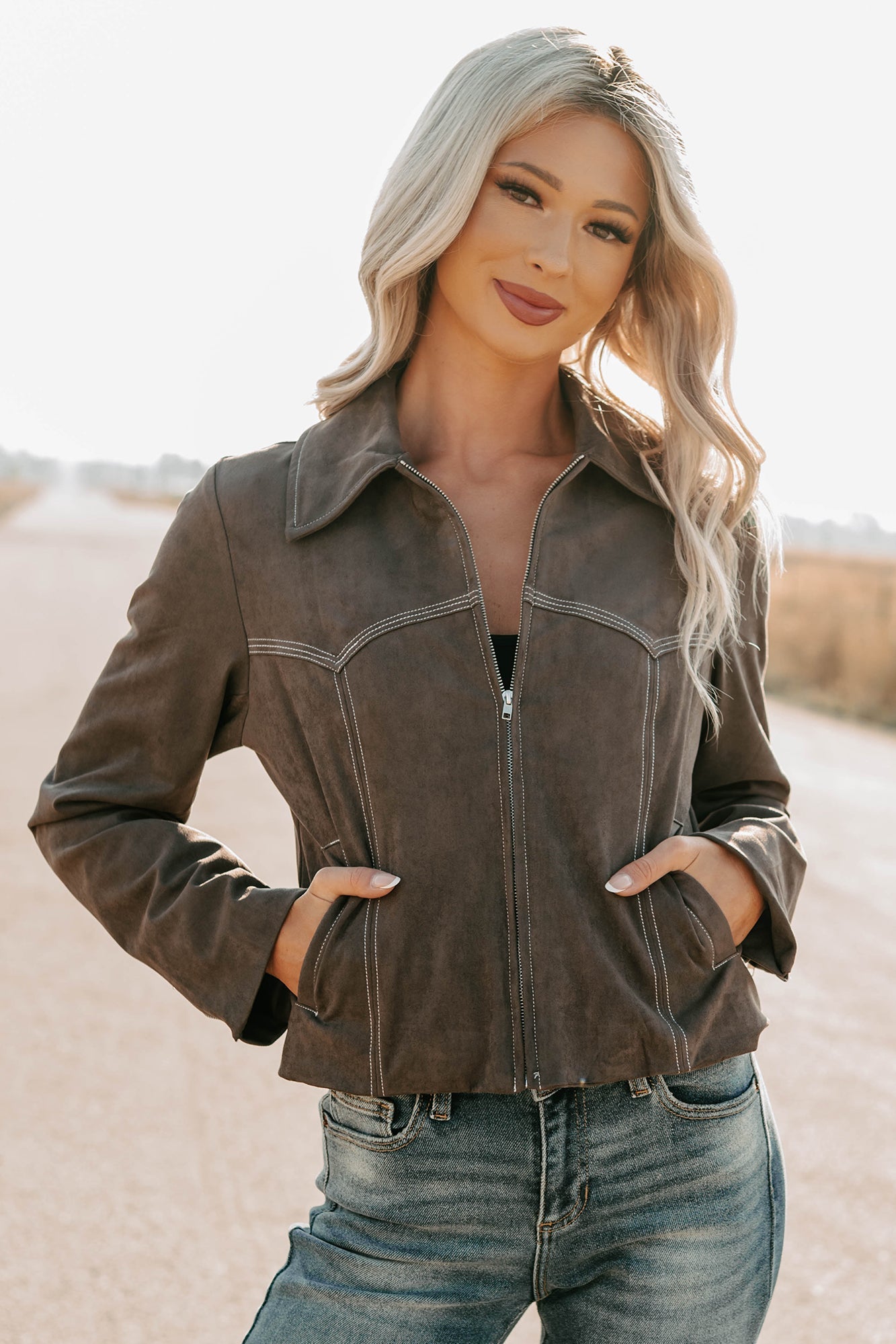 Exploring More Faux Suede Zip-Up Jacket (Charcoal)