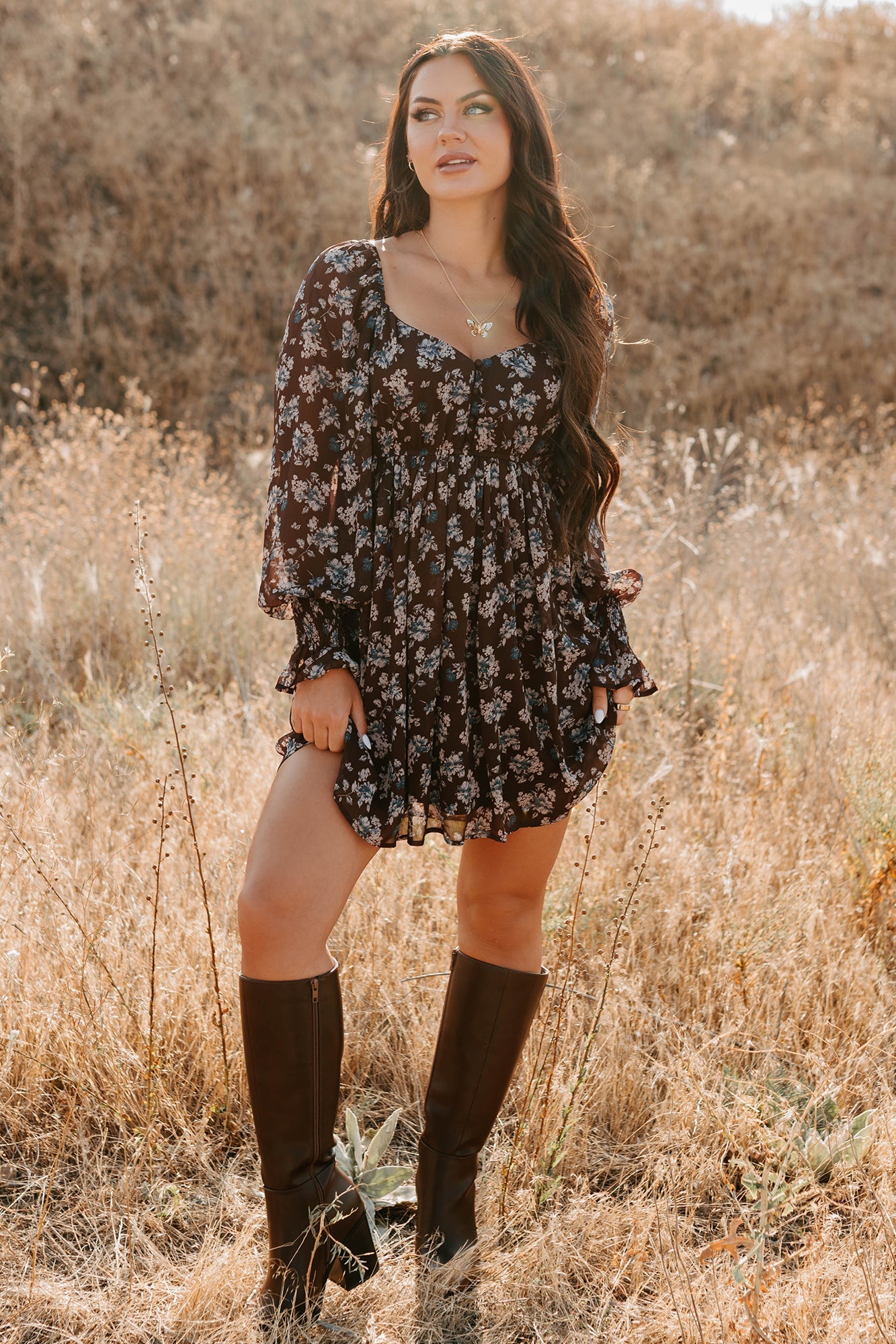 Midnight Blooms Floral Mini Dress (Baked Plum)