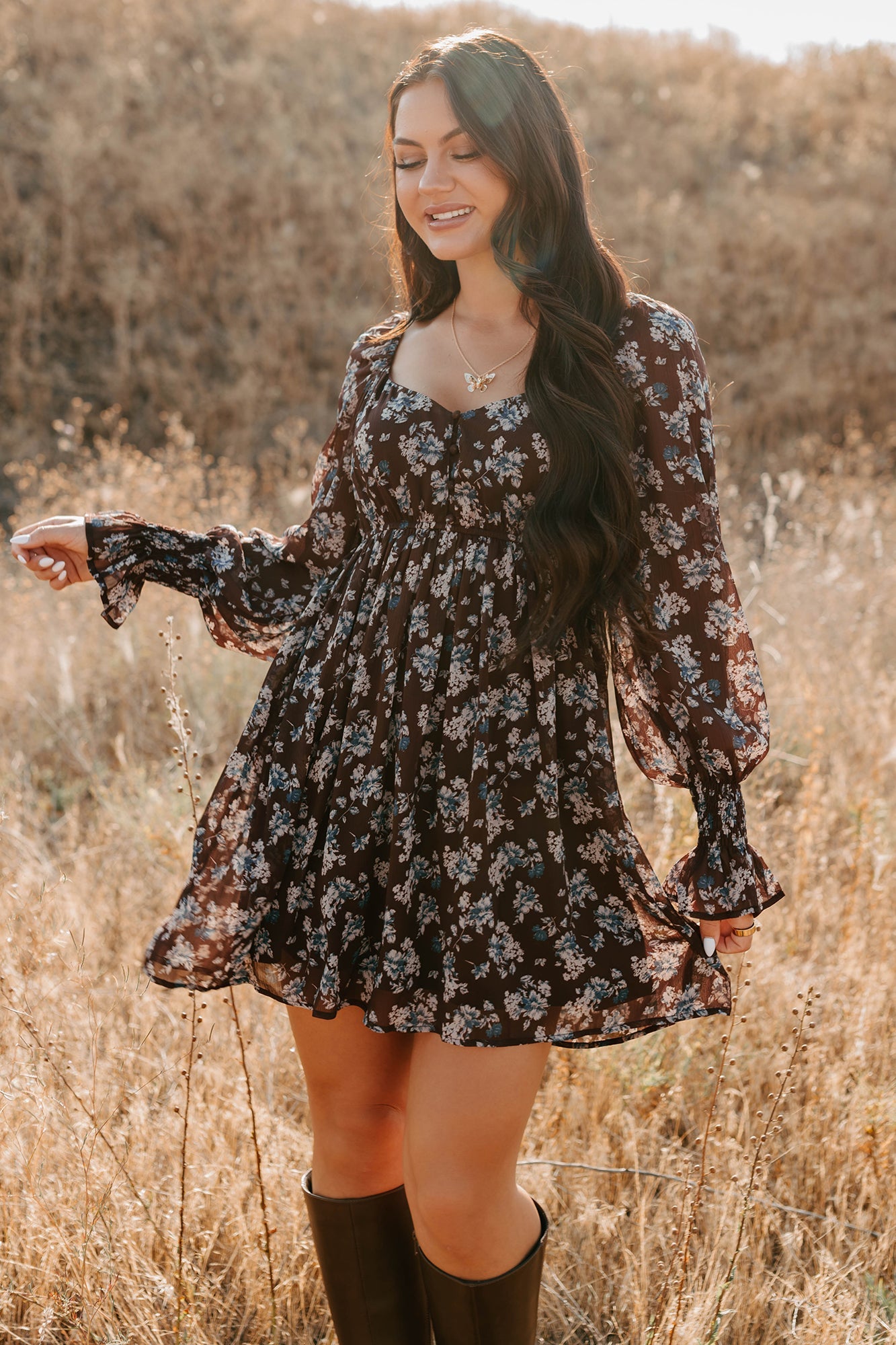 Midnight Blooms Floral Mini Dress (Baked Plum)