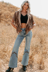 Midnight Range Faux Suede Collared Fringe Shawl (Tan)