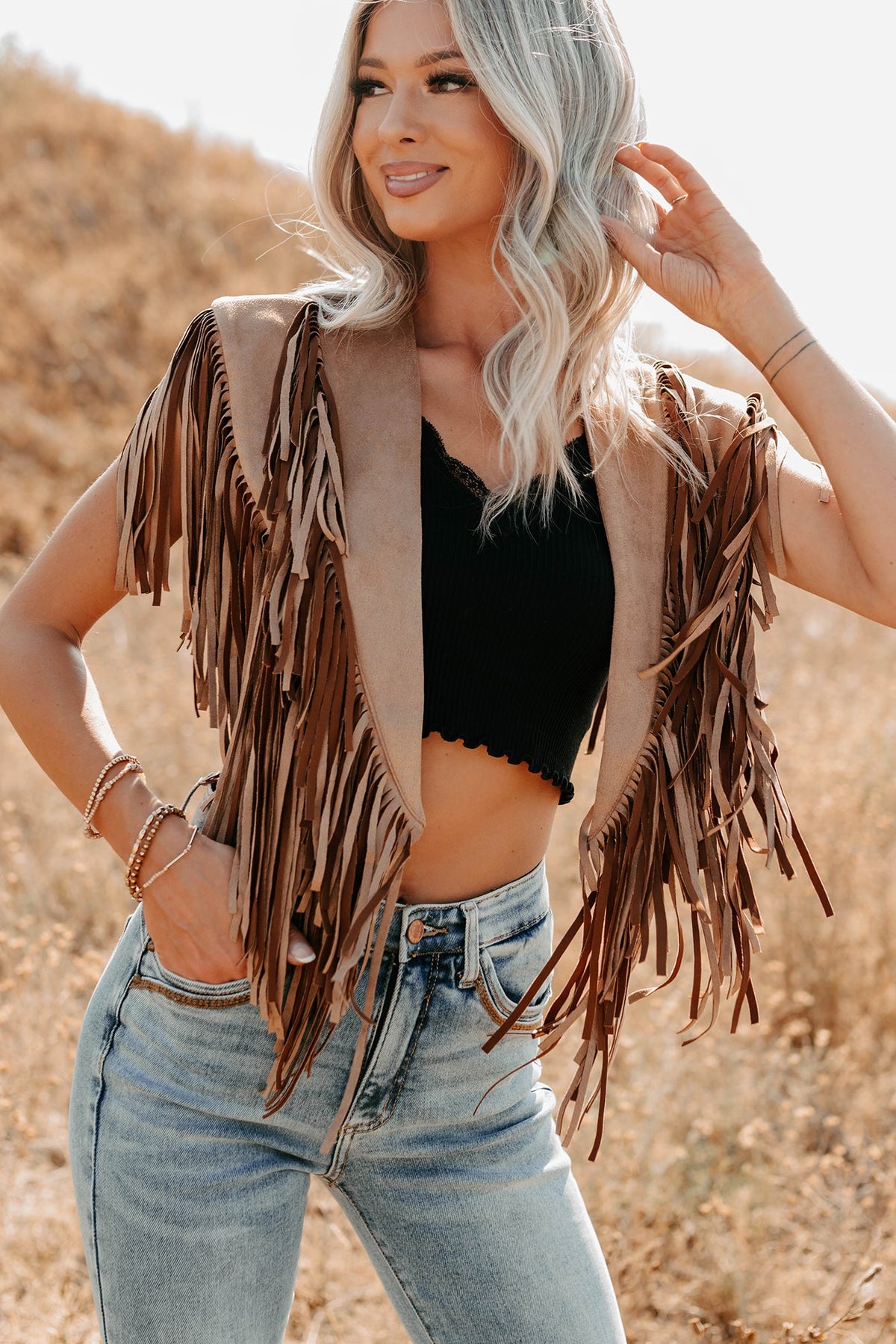 Midnight Range Faux Suede Collared Fringe Shawl (Tan)